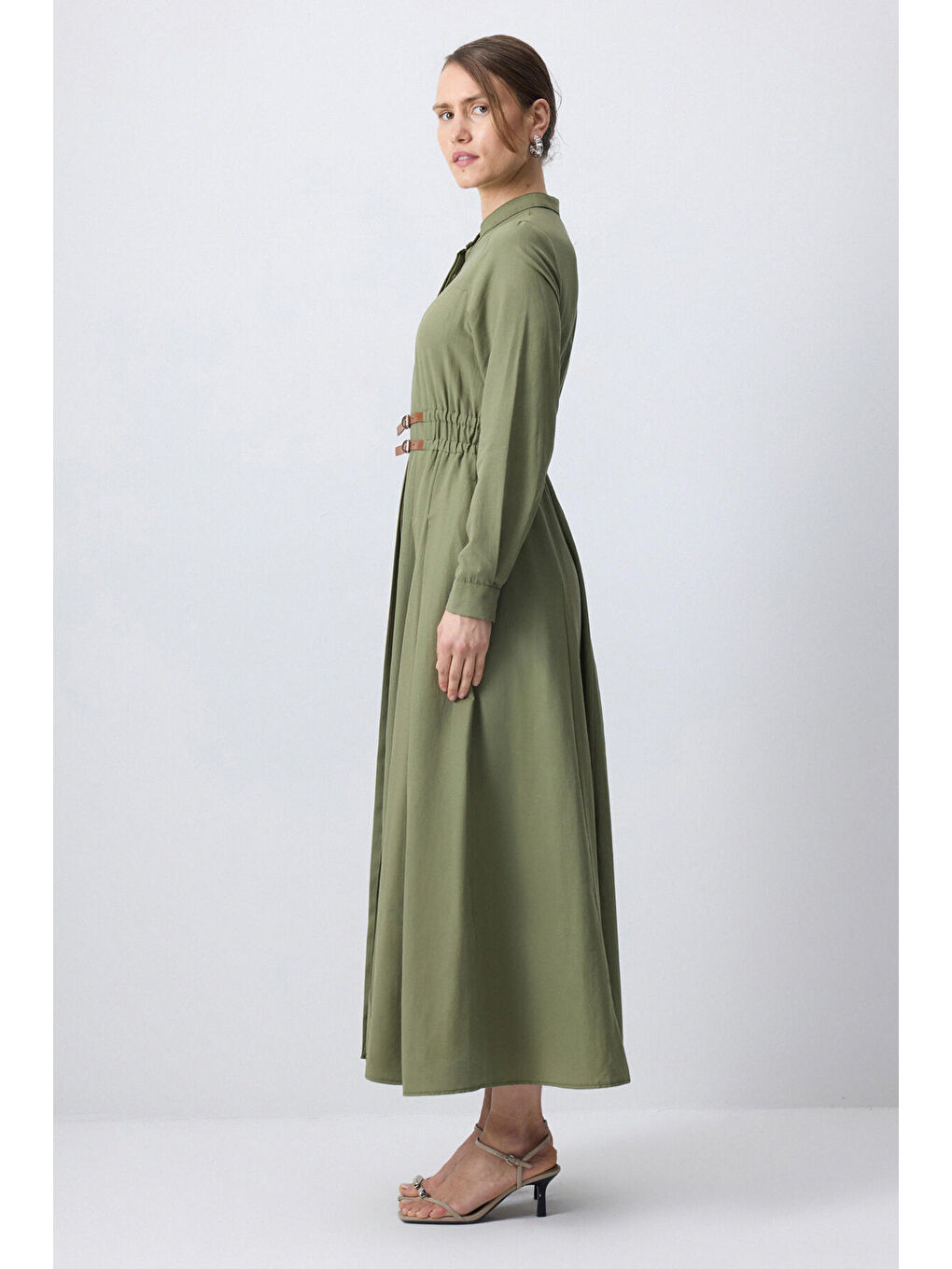 Haki Deri Kemerli Poplin Elbise-3