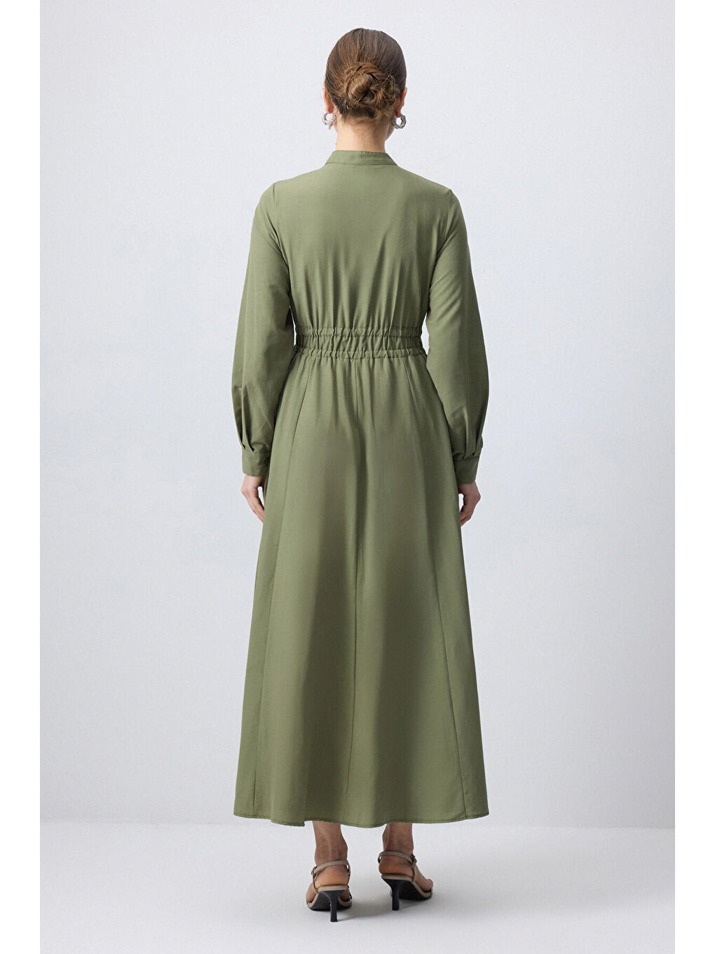 Haki Deri Kemerli Poplin Elbise-4