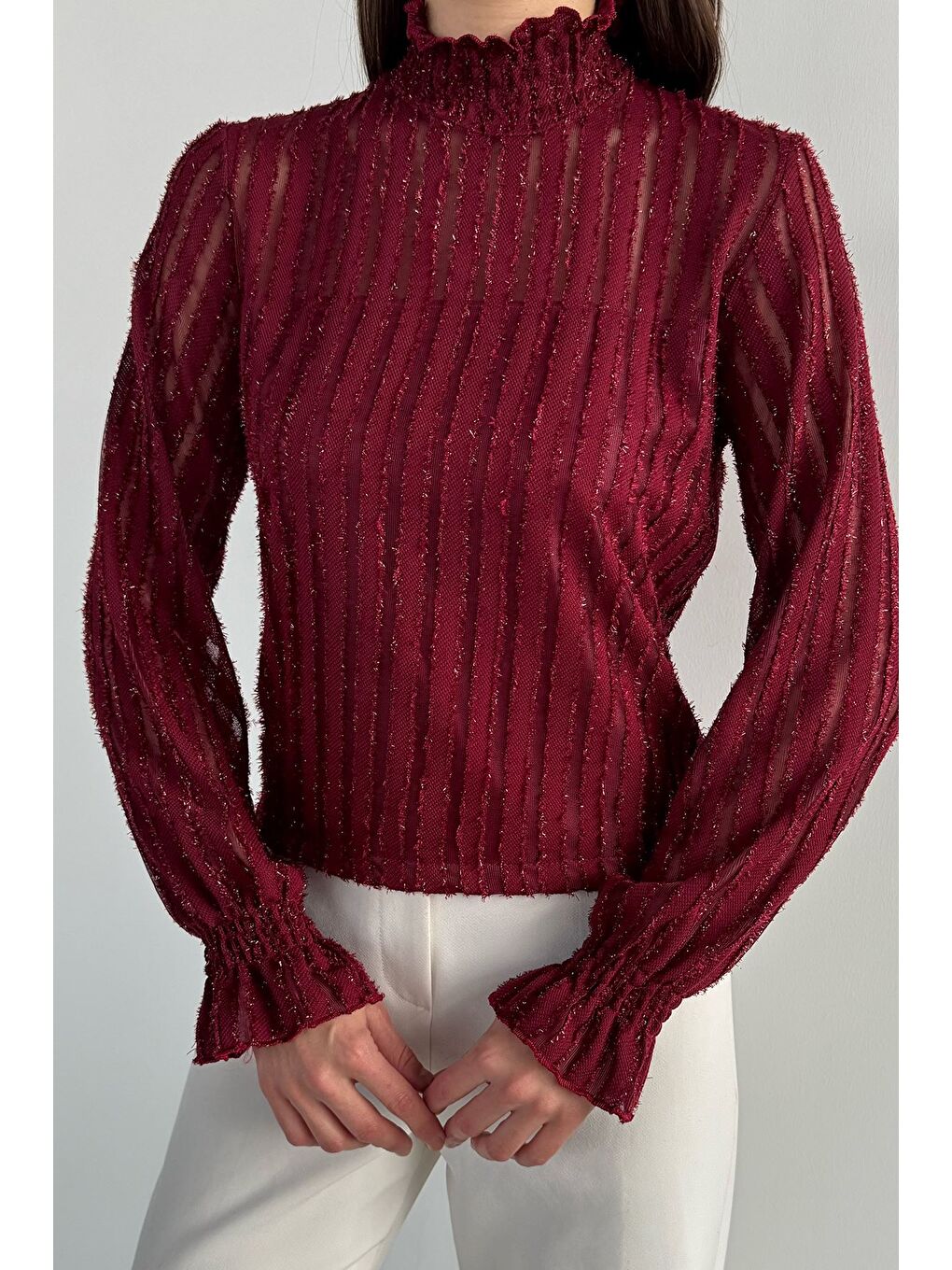Bordo Kadın Dik Yaka Işıltılı Bluz-1