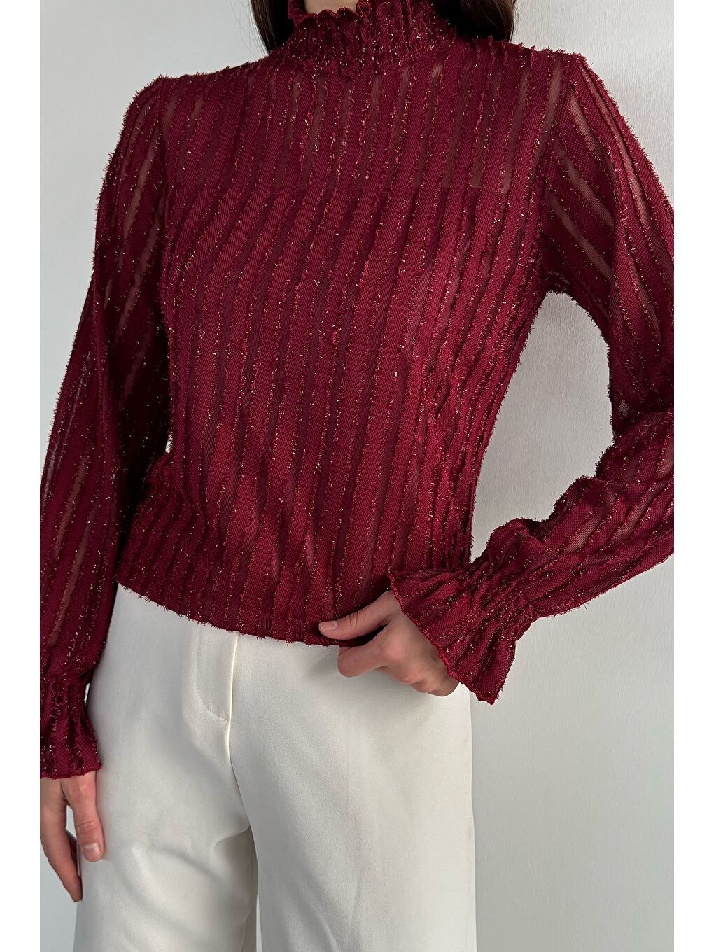 Bordo Kadın Dik Yaka Işıltılı Bluz-2