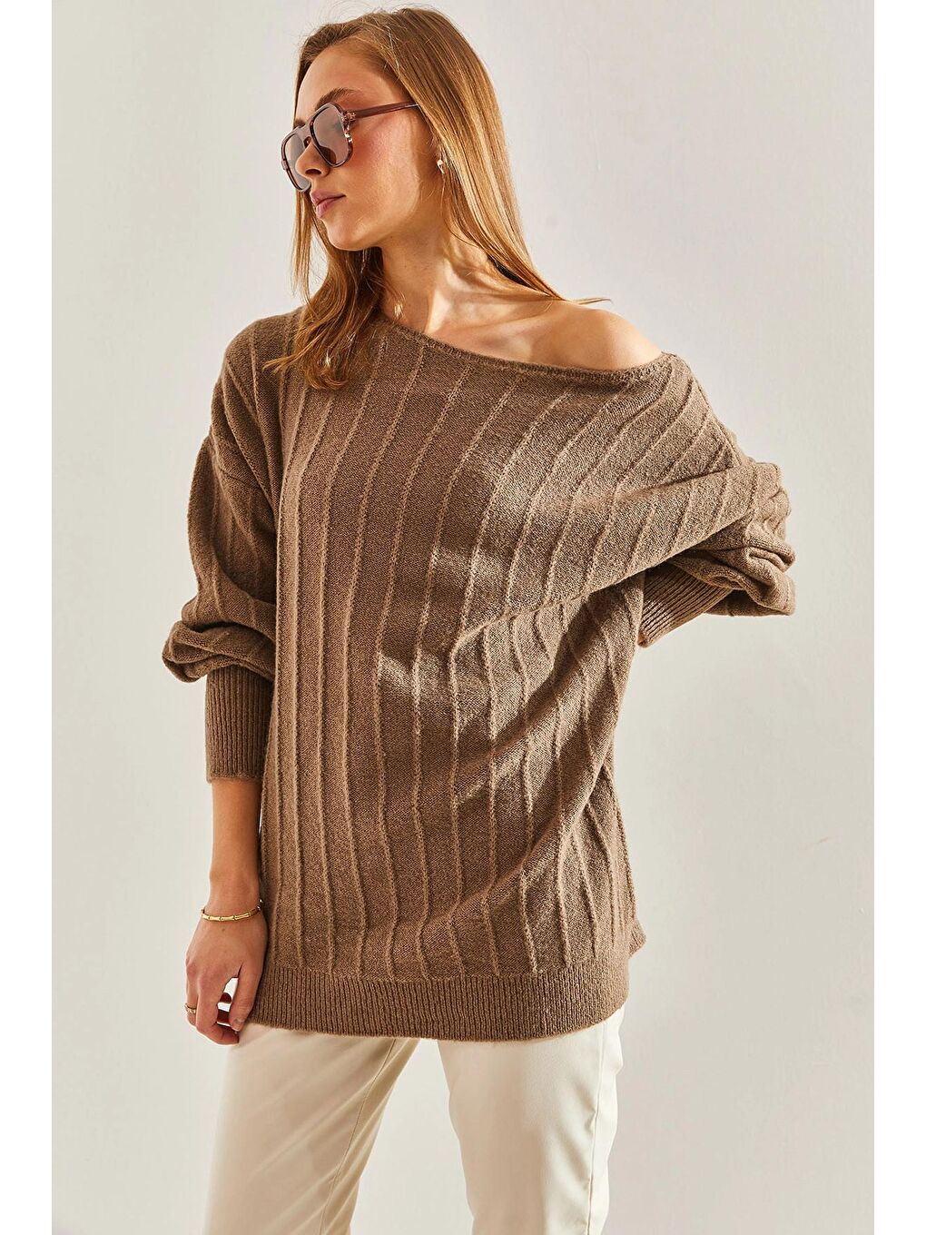 Bej Kadın Kayık Yaka Fitilli Kazak-4