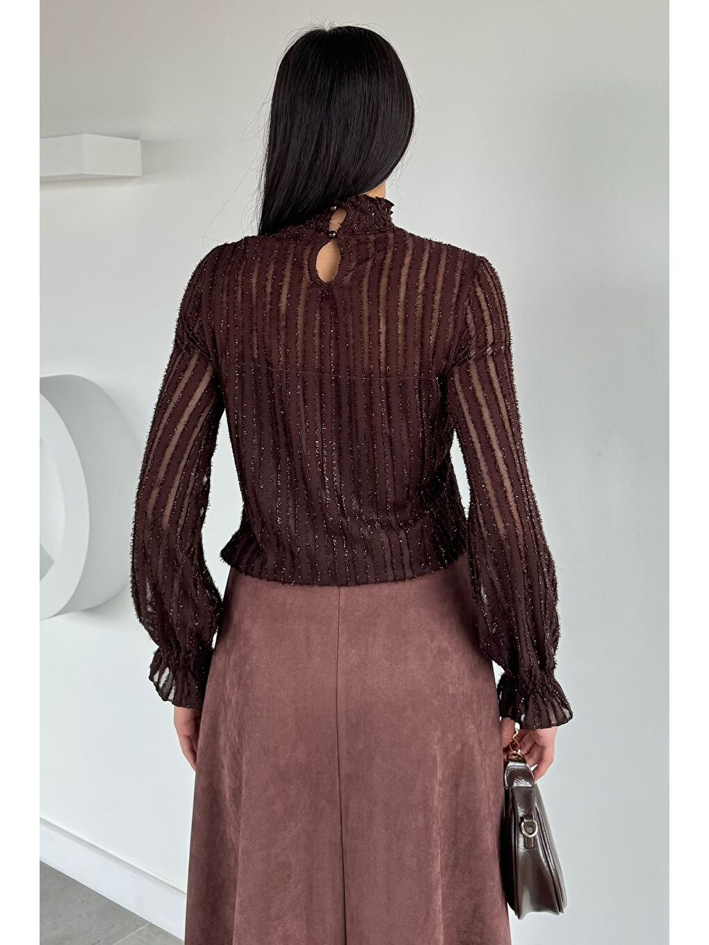 Kahverengi Kadın Dik Yaka Işıltılı Bluz-3