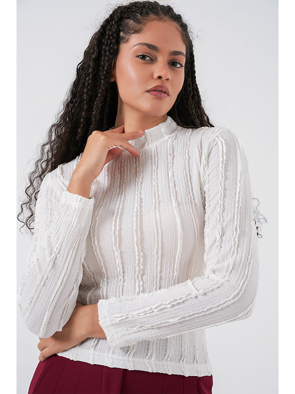 Kadın Dokulu Esnek Örme Bluz 975 - Beyaz-2