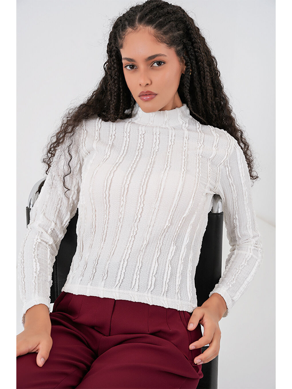 Kadın Dokulu Esnek Örme Bluz 975 - Beyaz-3