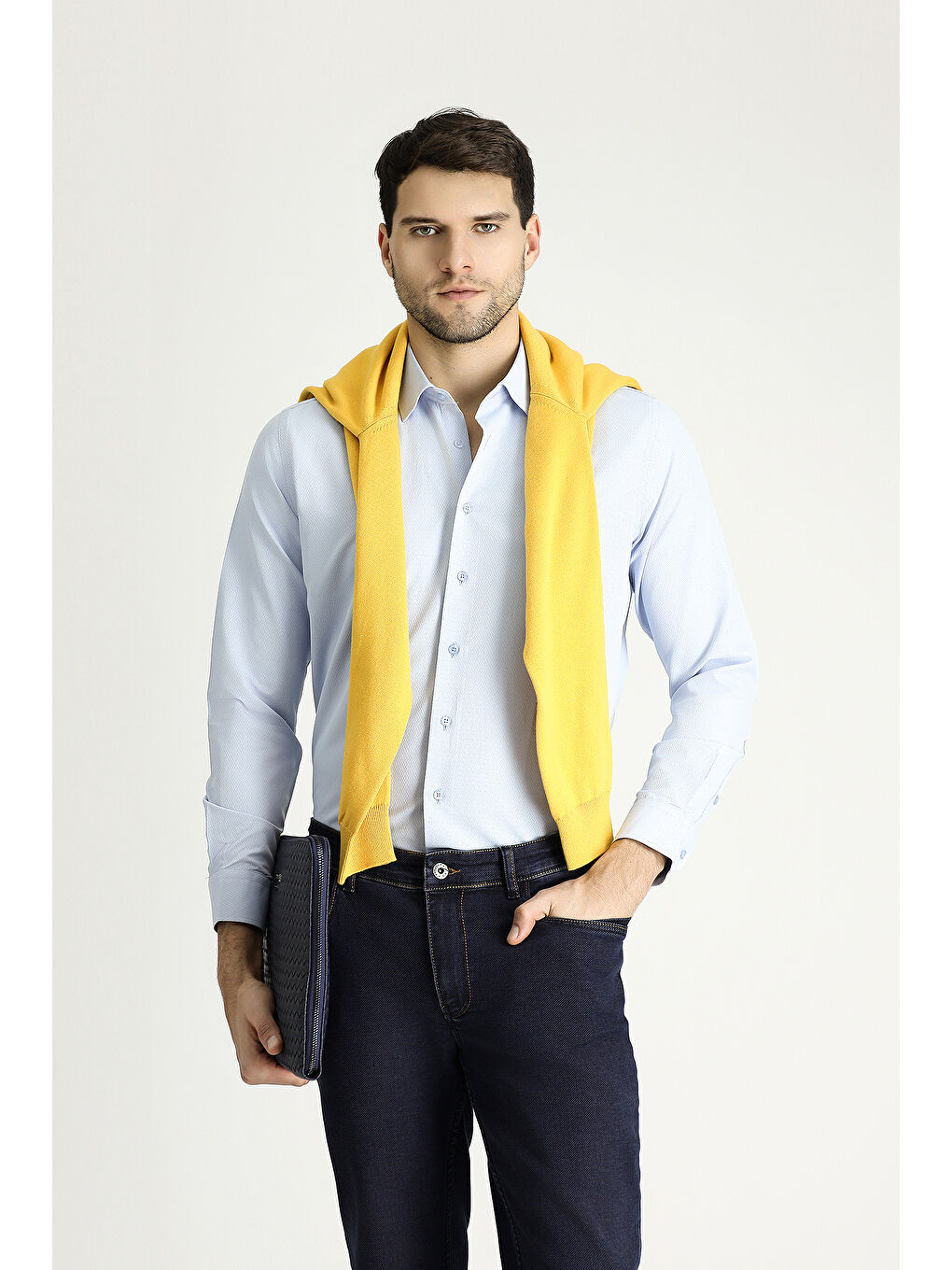 Mavi Uzun Kol Slim Fit Dar Kesim Klasik Desenli Pamuklu Kolay Ütülenebilir Gömlek-1