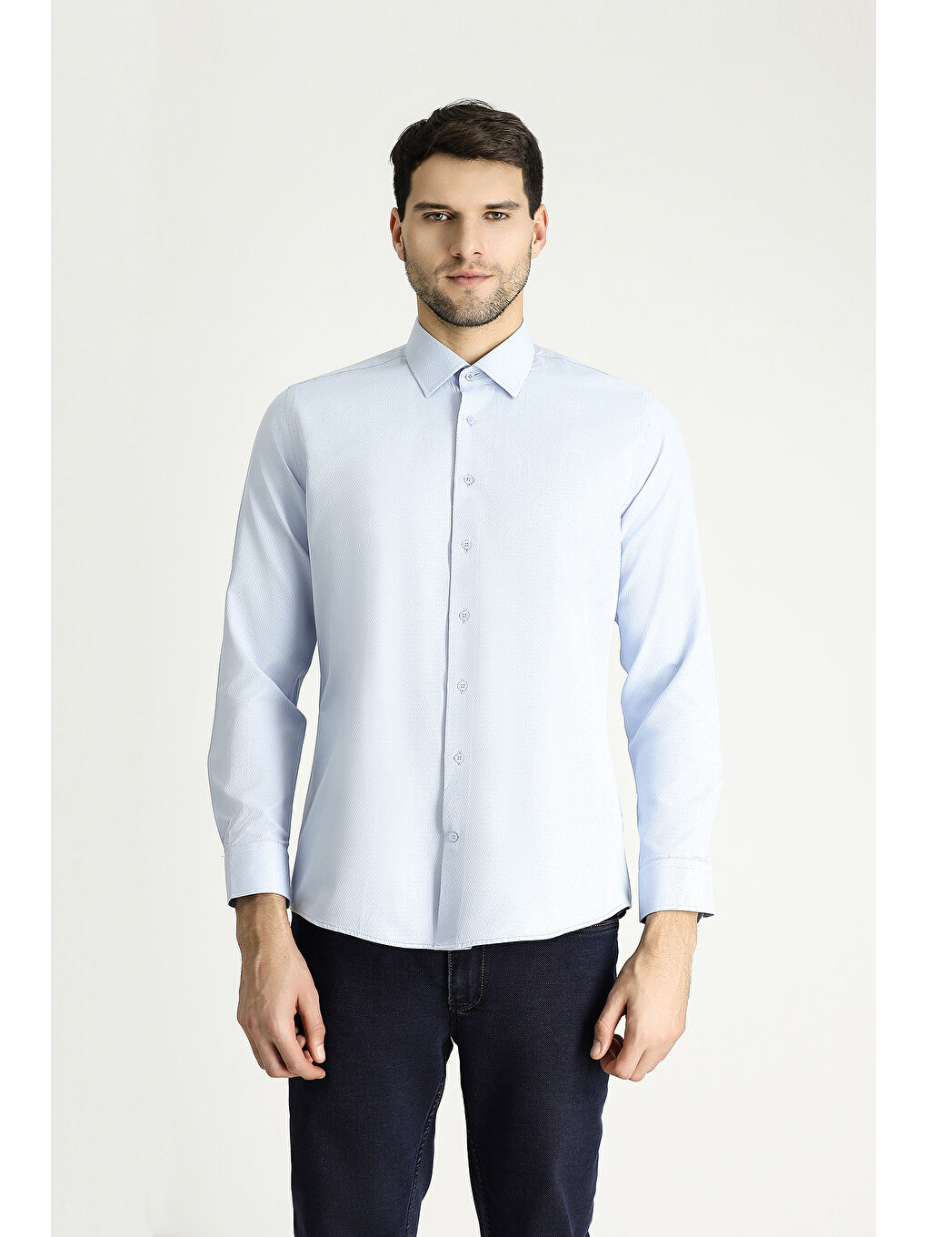 Mavi Uzun Kol Slim Fit Dar Kesim Klasik Desenli Pamuklu Kolay Ütülenebilir Gömlek-2