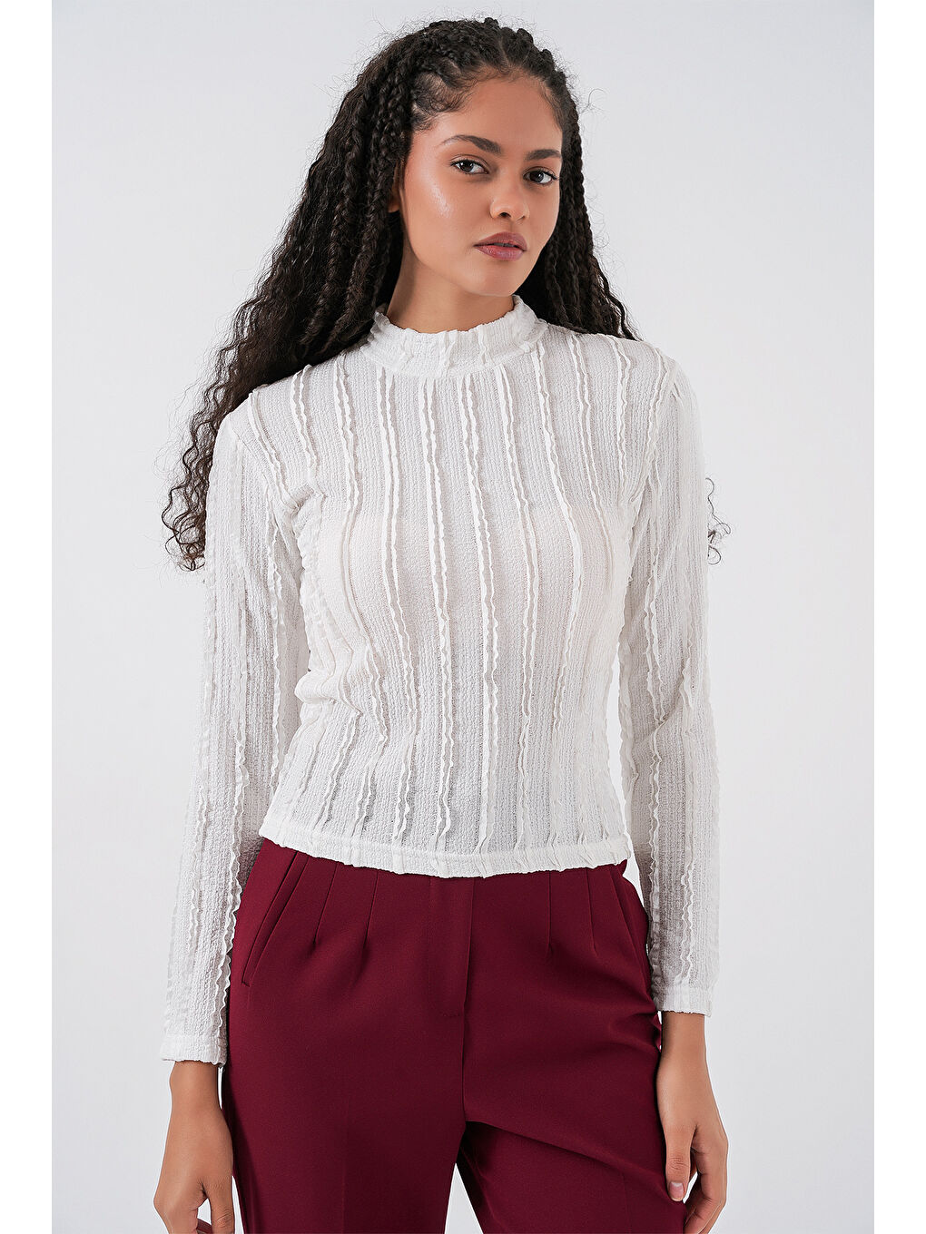 Kadın Dokulu Esnek Örme Bluz 975 - Beyaz-4