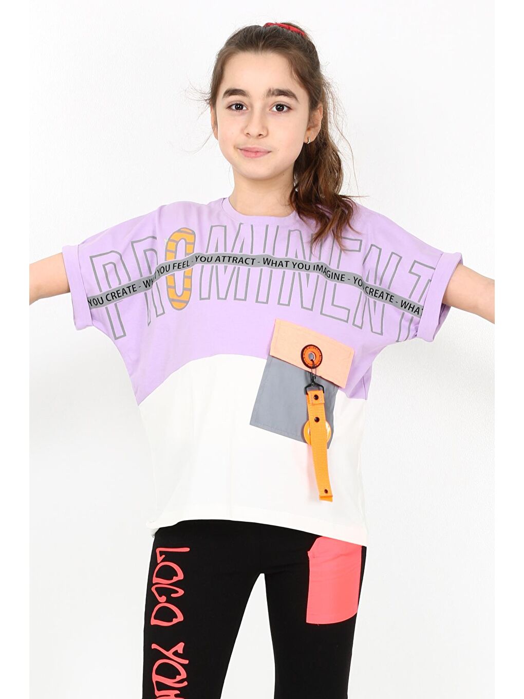 Mor Kız Çocuk Cepli Tshirt 10-15 Yaş 14051-1
