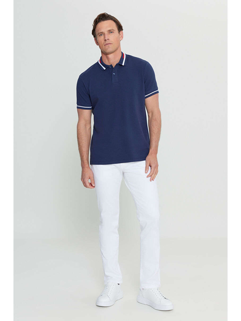 Erkek Lacivert Slim Fit Dar Kesim %100 Pamuk Polo Yaka Tişört-1
