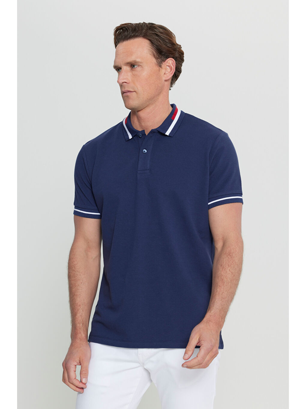 Erkek Lacivert Slim Fit Dar Kesim %100 Pamuk Polo Yaka Tişört-2