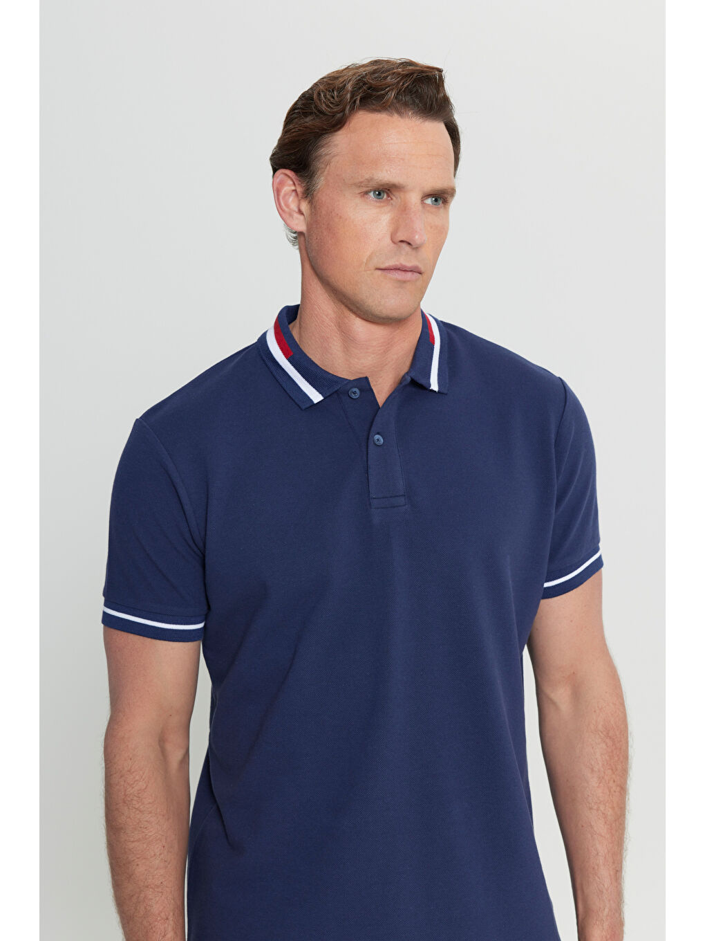 Erkek Lacivert Slim Fit Dar Kesim %100 Pamuk Polo Yaka Tişört-3