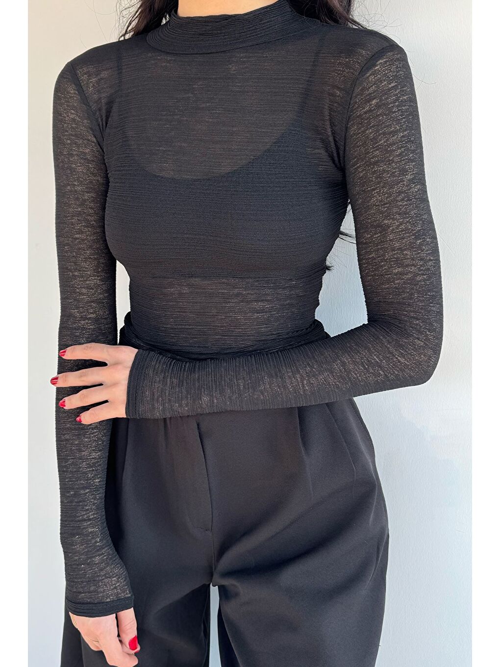Siyah Kadın Dik Yaka Elastanlı Transparan Bluz-2