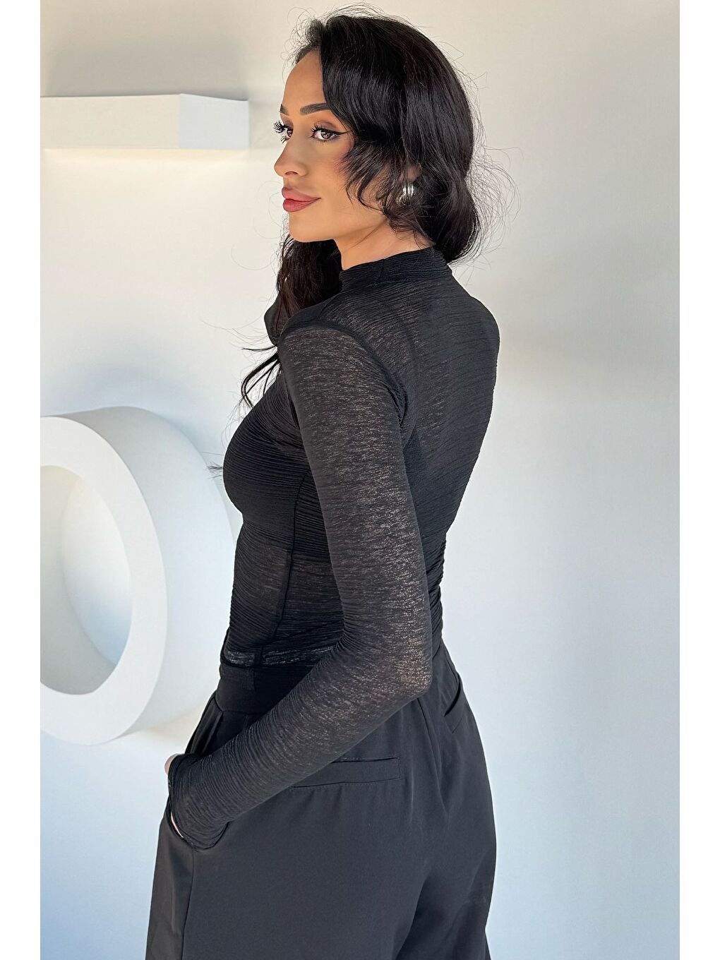 Siyah Kadın Dik Yaka Elastanlı Transparan Bluz-3