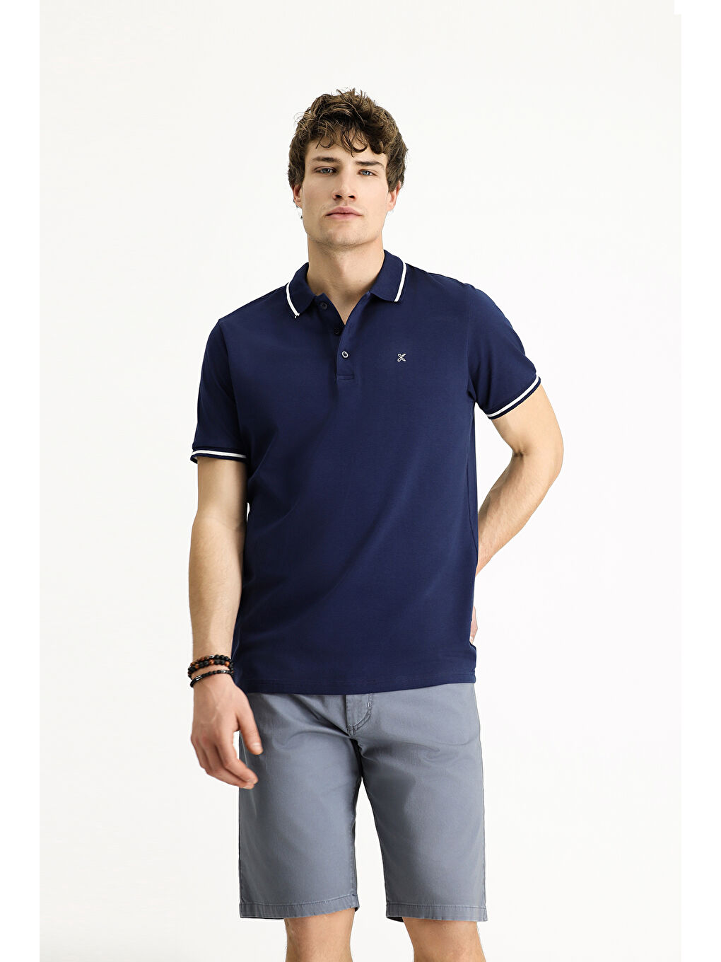 Lacivert Polo Yaka Slim Fit Dar Kesim Nakışlı Süprem Pamuklu Büyük Beden Tişört