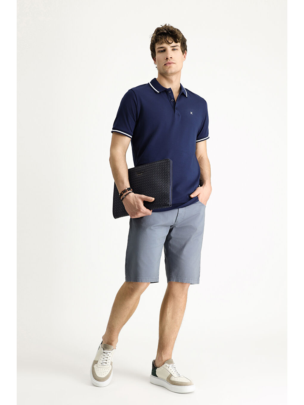 Lacivert Polo Yaka Slim Fit Dar Kesim Nakışlı Süprem Pamuklu Büyük Beden Tişört-1