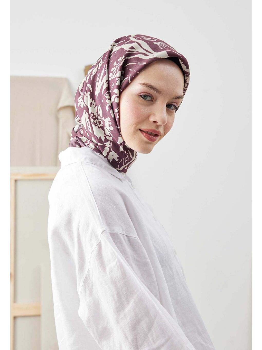 Vıolet Desen Pamuk İpek Eşarp Mürdüm-1