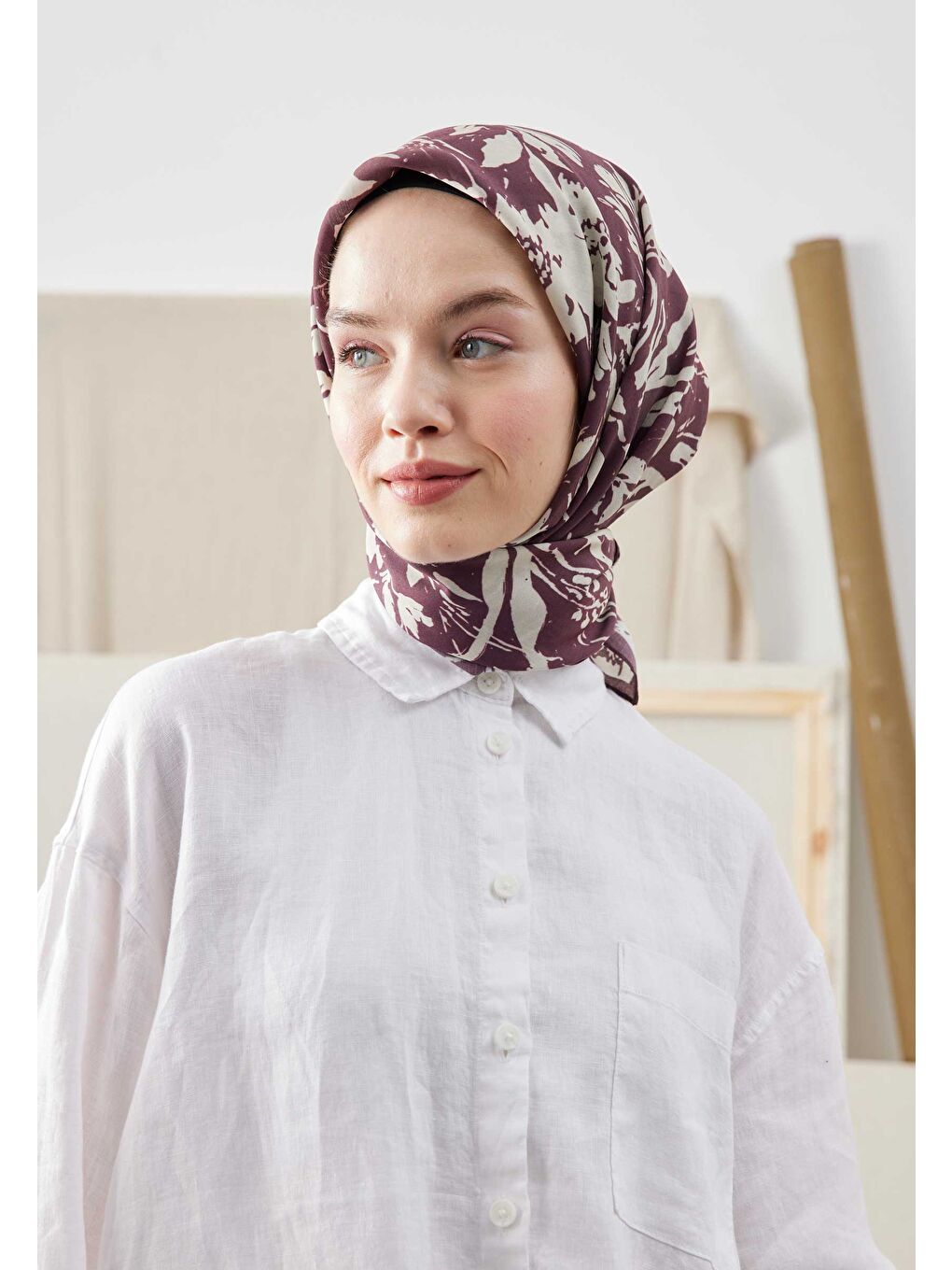 Vıolet Desen Pamuk İpek Eşarp Mürdüm-3