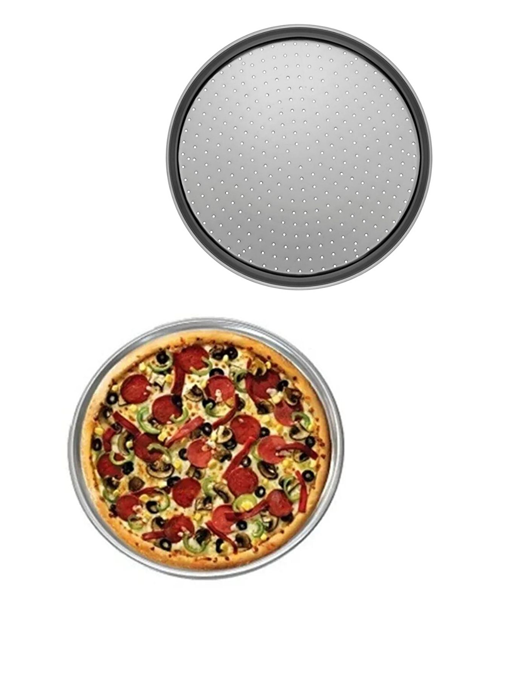 Gri Orta ve Küçük Boy Delikli Pizza Tepsisi Lahmacun Pide Tepsisi 32 ve 28 cm 2 Adet-1