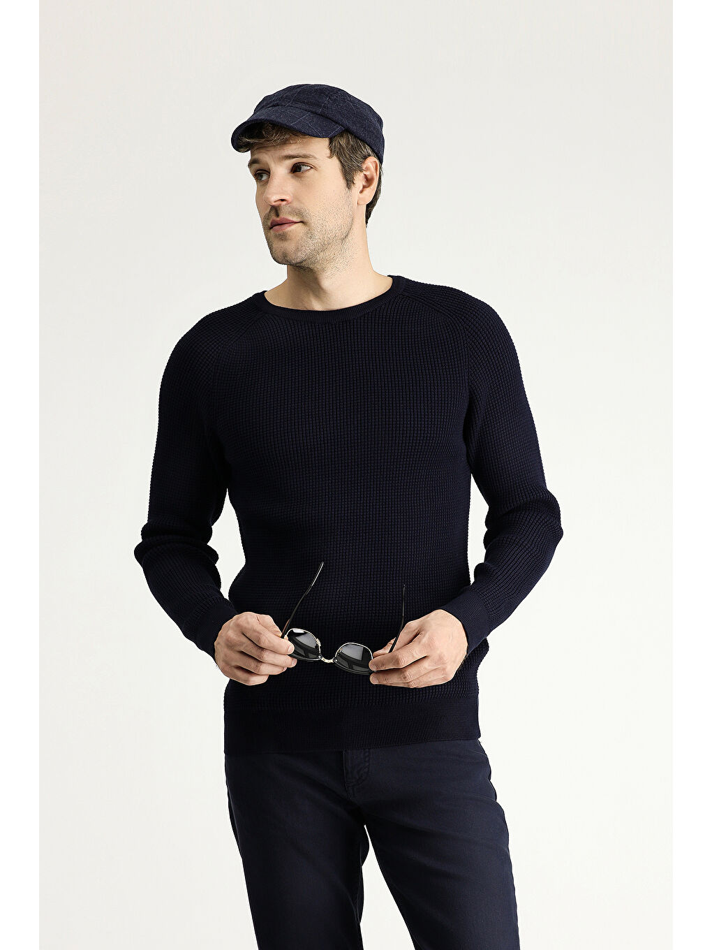 Lacivert Bisiklet Yaka Slim Fit Dar Kesim Düz Pamuklu Triko Kazak