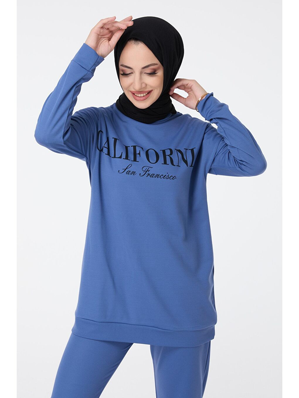 Bisiklet Yaka Kadın Mavi Tunik Pantolon - 13046