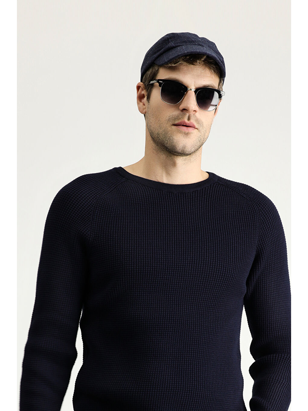 Lacivert Bisiklet Yaka Slim Fit Dar Kesim Düz Pamuklu Triko Kazak-1