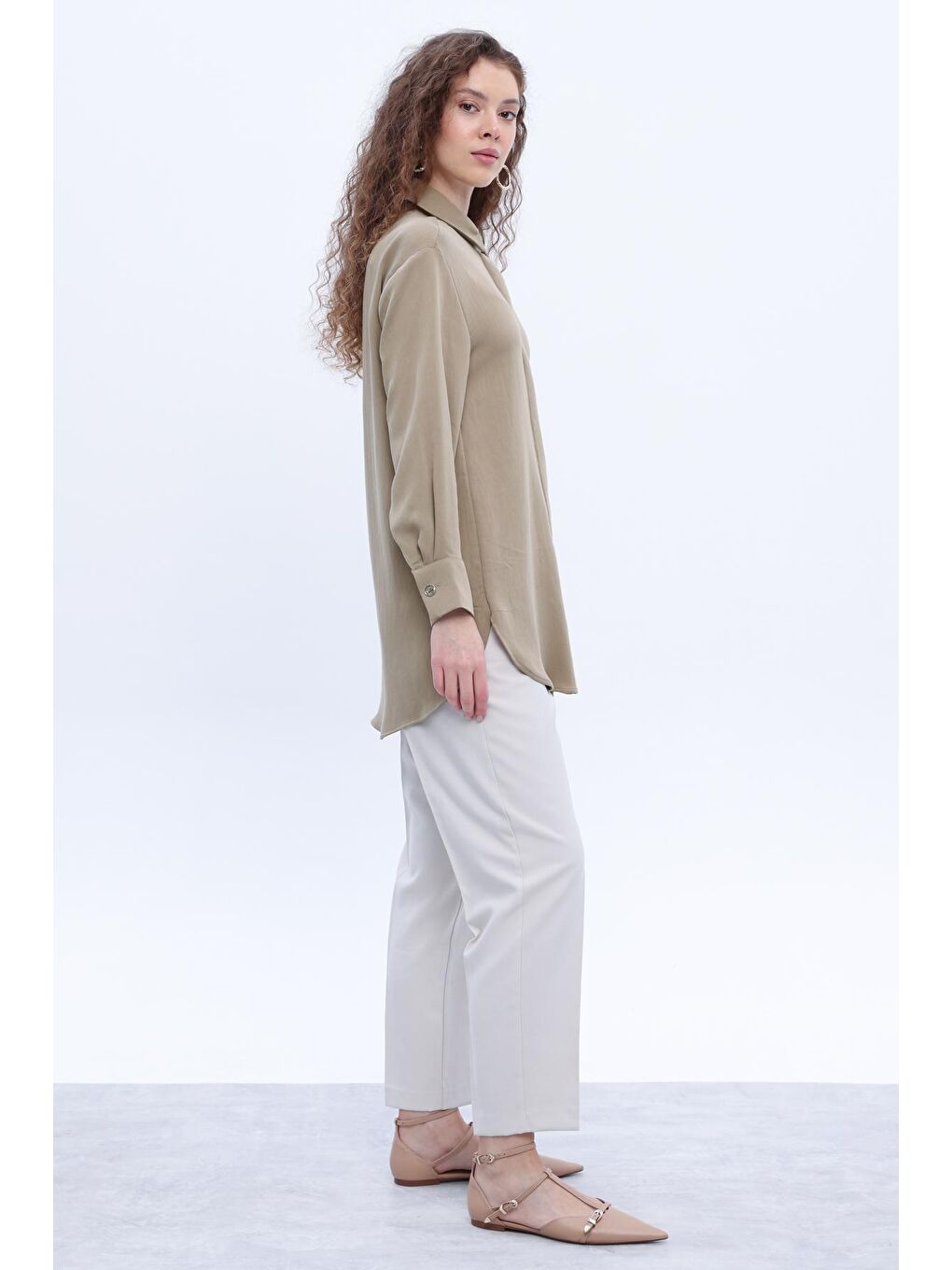 Bej Vizon Gizli Patlı Metal Düğmeli Gömlek Tunik-2