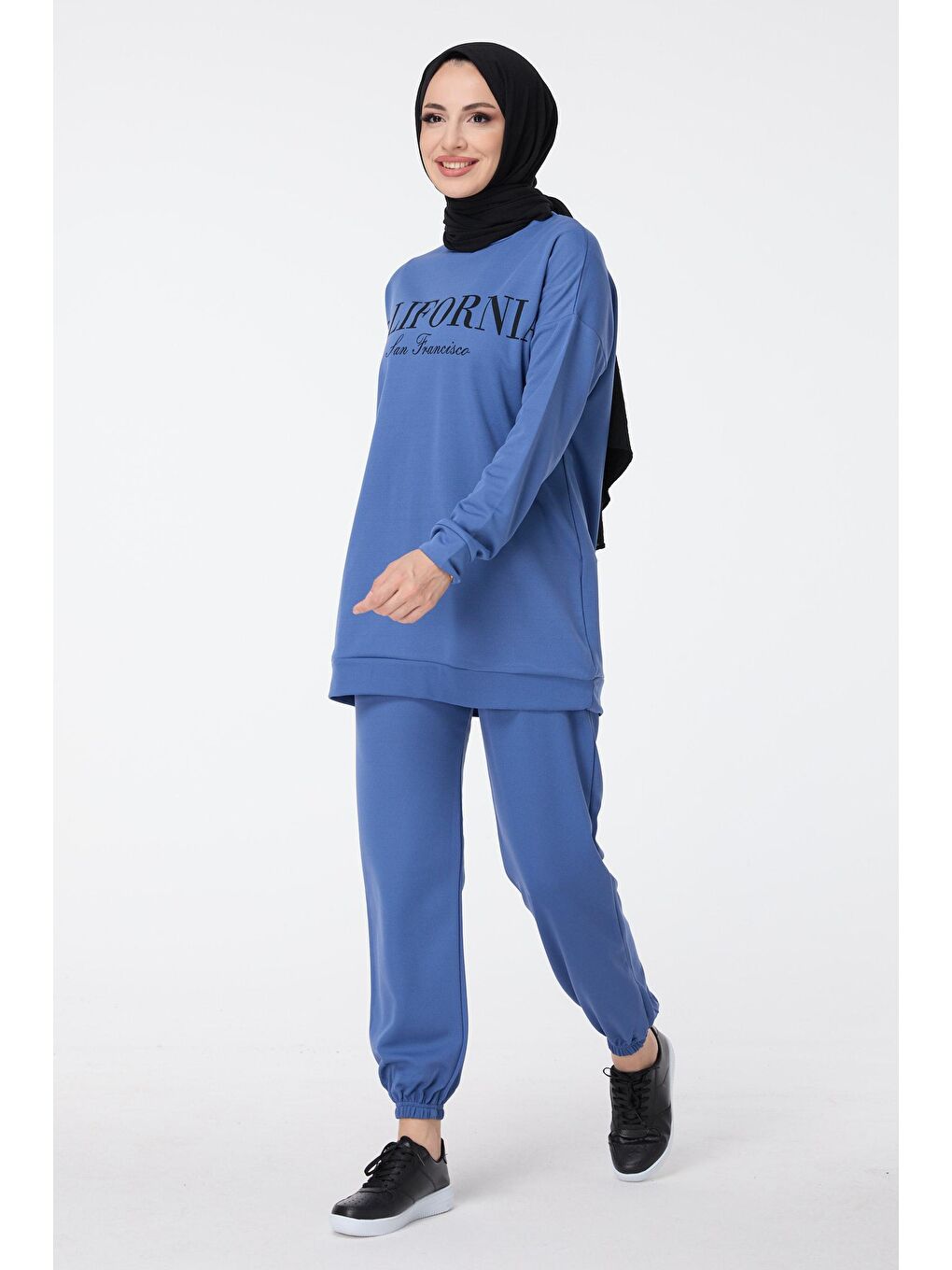 Bisiklet Yaka Kadın Mavi Tunik Pantolon - 13046-1