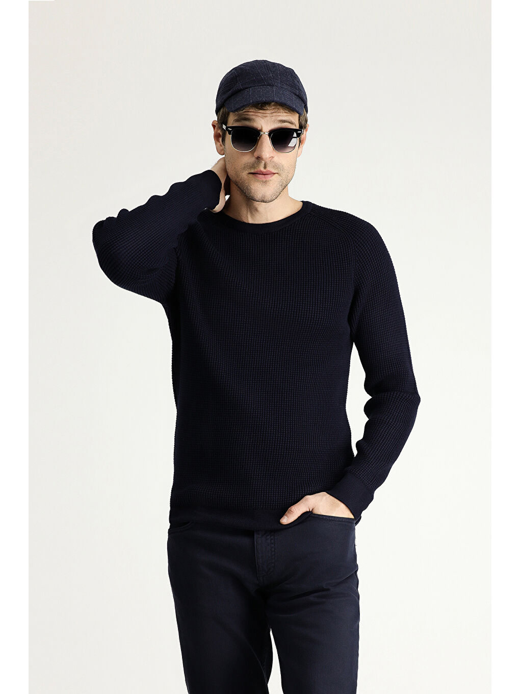 Lacivert Bisiklet Yaka Slim Fit Dar Kesim Düz Pamuklu Triko Kazak-2