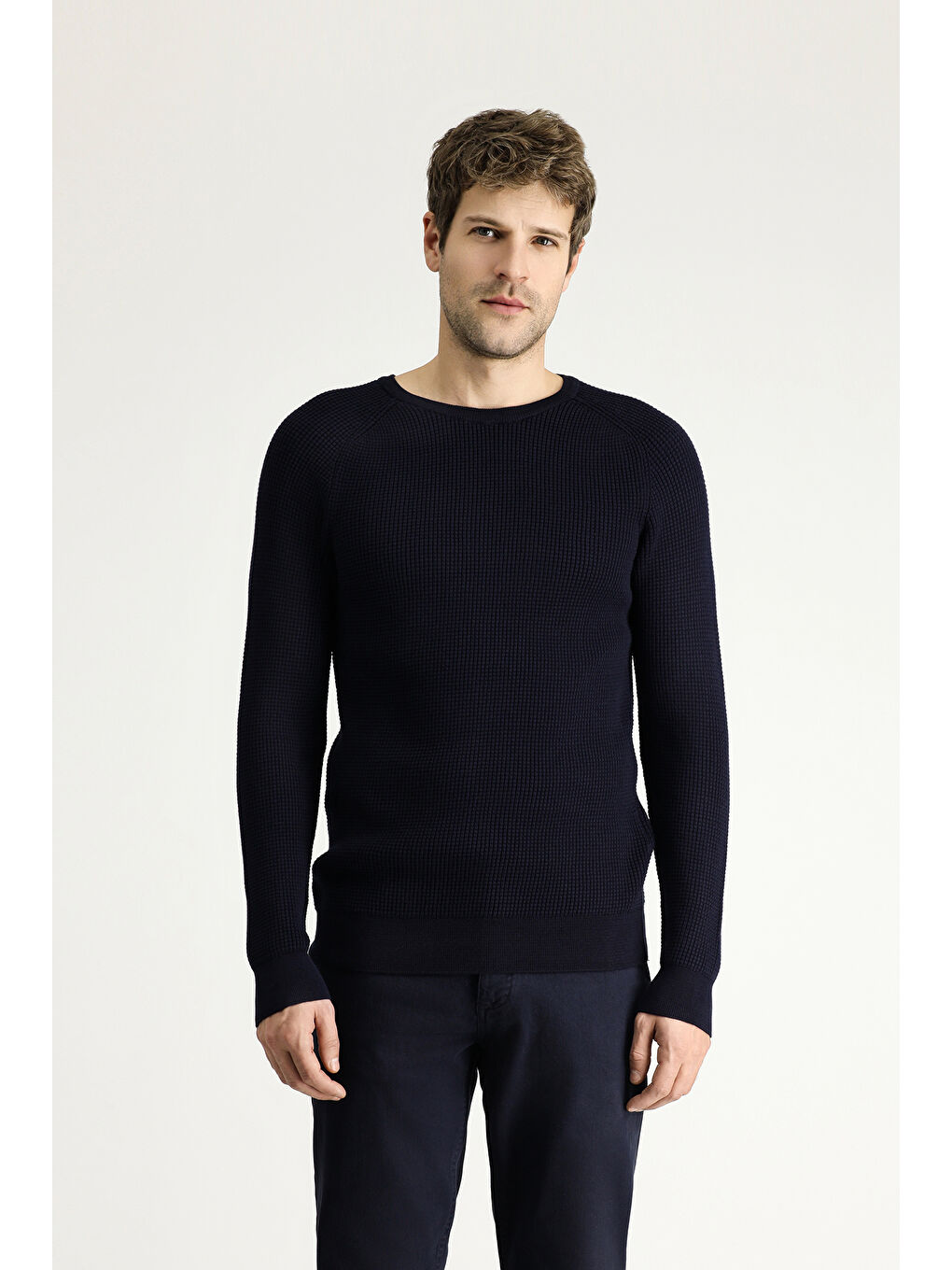 Lacivert Bisiklet Yaka Slim Fit Dar Kesim Düz Pamuklu Triko Kazak-3