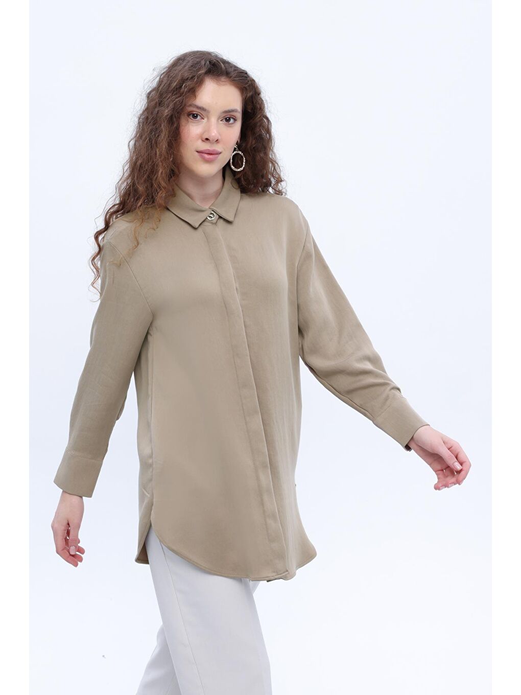 Bej Vizon Gizli Patlı Metal Düğmeli Gömlek Tunik-4