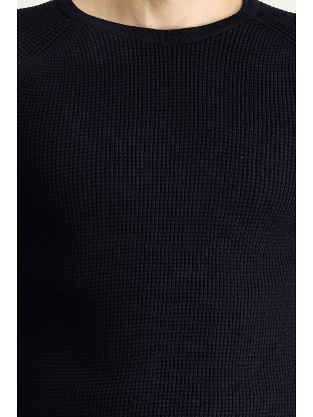 Lacivert Bisiklet Yaka Slim Fit Dar Kesim Düz Pamuklu Triko Kazak-5