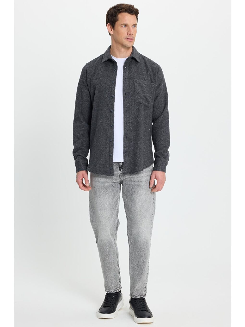 Erkek Slim Fit Dar Kesim  Armürlü Oduncu Cepli Spor Yaka Antrasit Gömlek-3