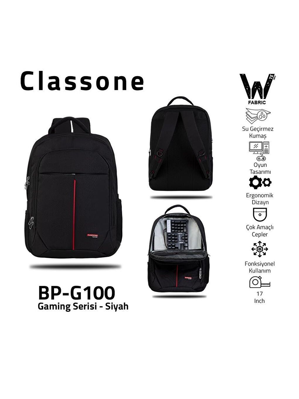 Classone Siyah BP-G100 17 inç Oyuncu Laptop Notebook Sırt Çantası - 2