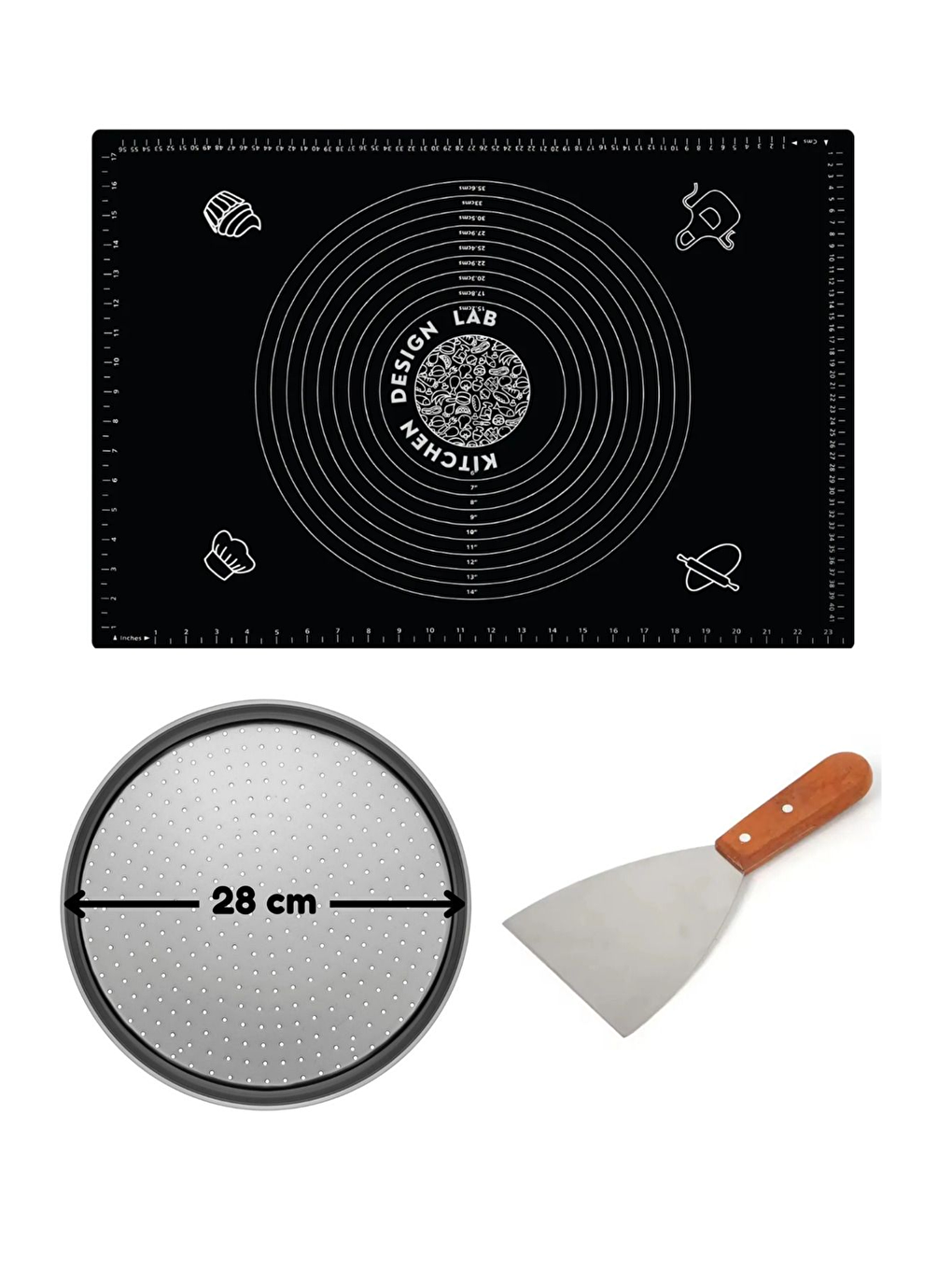 Gri Siyah Hamur Açma Matı 45 x 65 cm 28 cm Pizza Tepsisi ve Ahşap Uzun Saplı Hamur ve Pizza Kesici