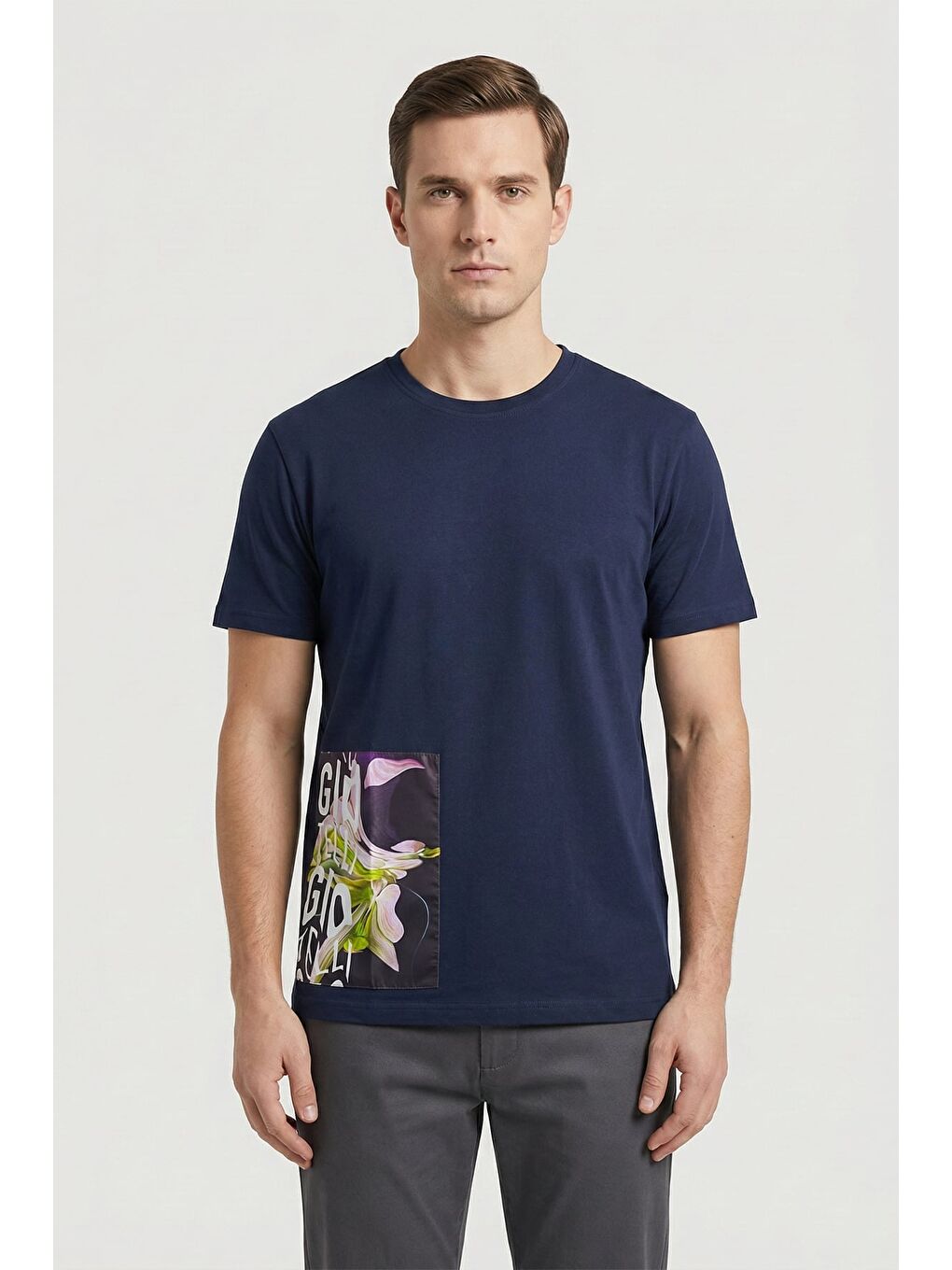 Giotelli Lacivert Oversize Fit %100 Pamuk Baskılı Bisiklet Yaka Erkek Tişört