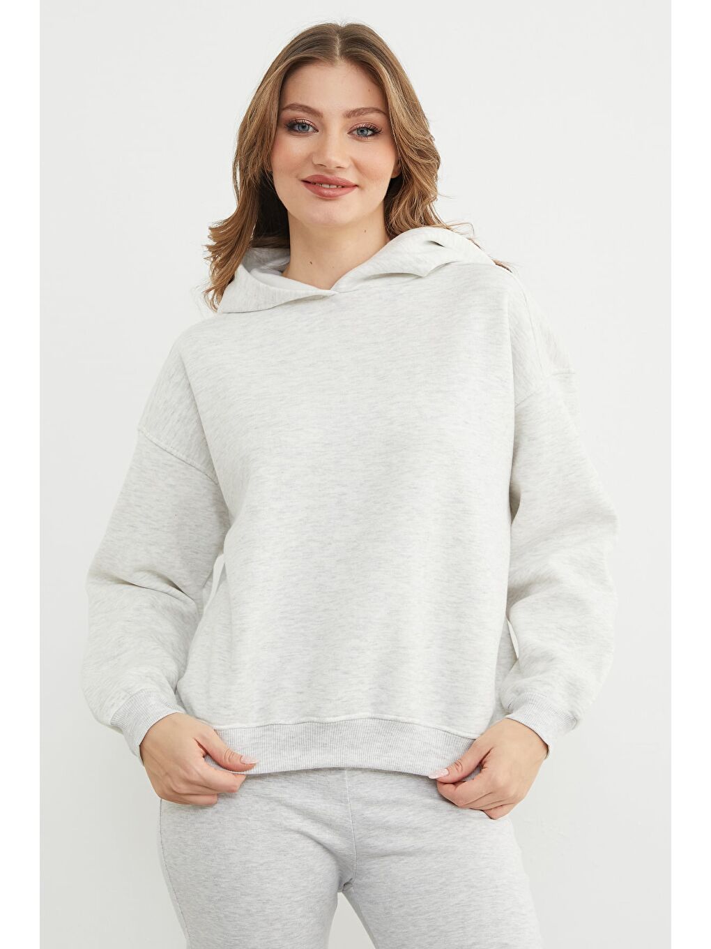 Gri 3 İplik Kapüşonlu Oversize Sweatshirt-2