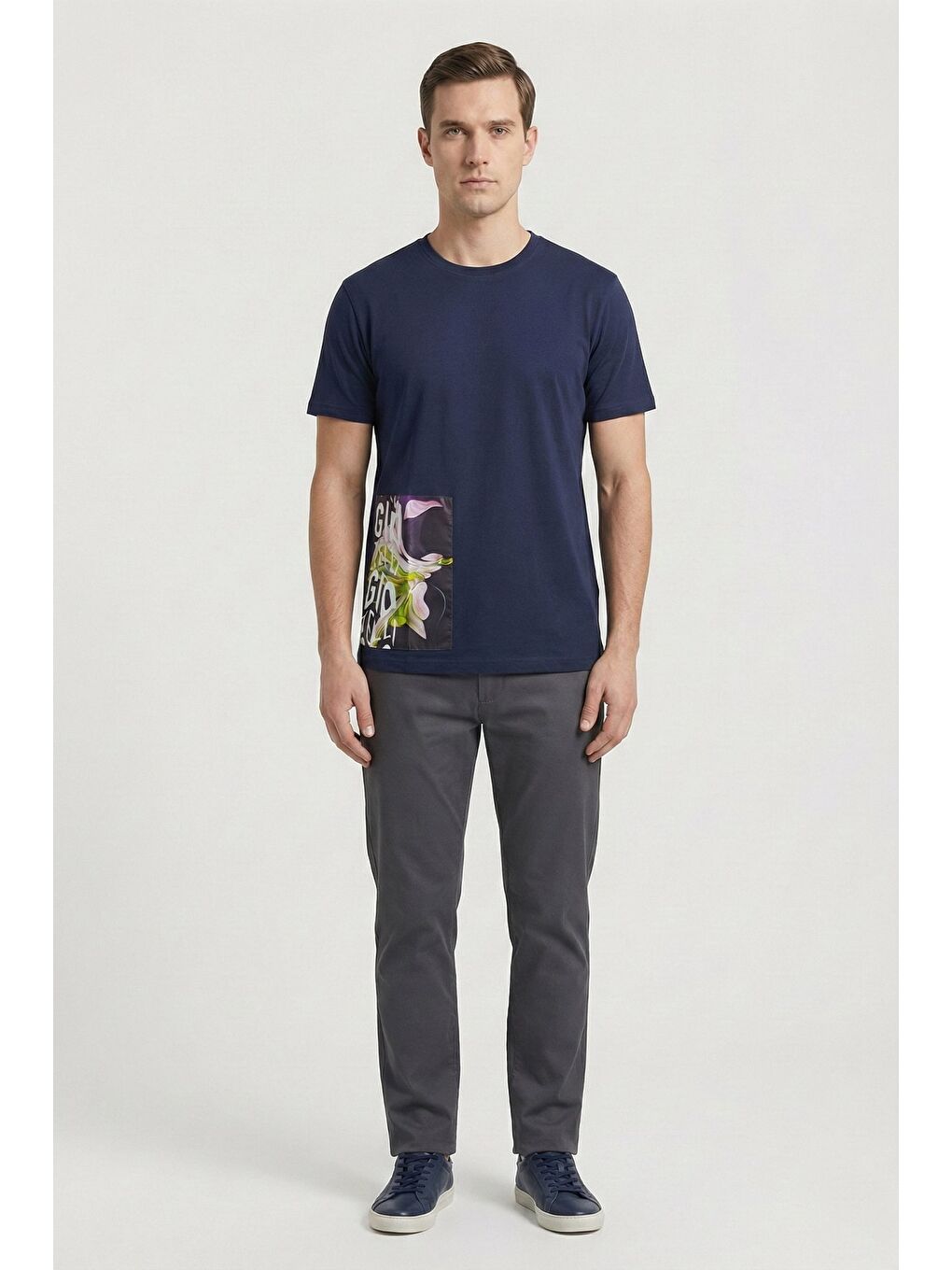 Giotelli Lacivert Oversize Fit %100 Pamuk Baskılı Bisiklet Yaka Erkek Tişört-1