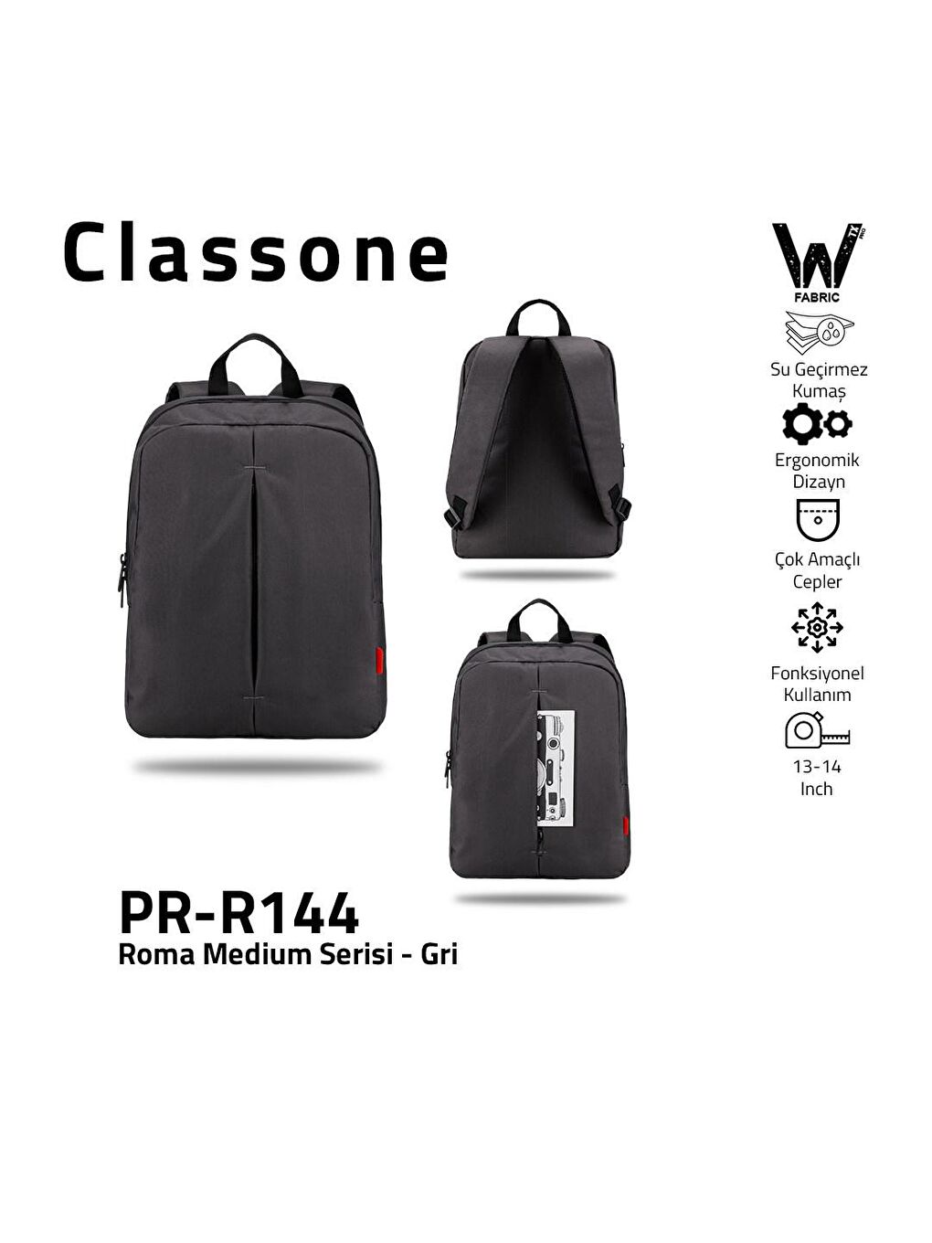 Classone Siyah PR-R144 Roma Serisi Su Geçirmez Kumaş 13-14" Laptop Sırt Çantası - 2