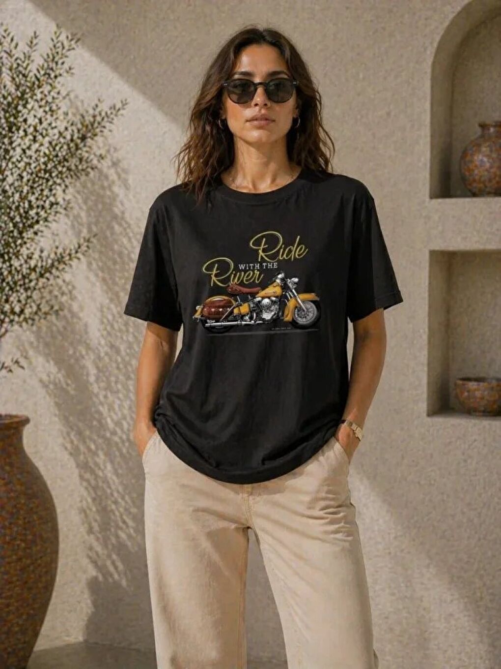 Motosiklet Baskılı Tişört Bisiklet Yaka Kısa Kol Yazlık T-Shirt - Siyah-1