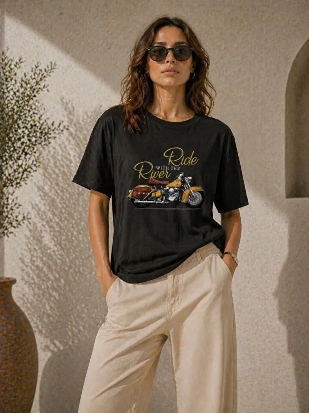 Motosiklet Baskılı Tişört Bisiklet Yaka Kısa Kol Yazlık T-Shirt - Siyah-2