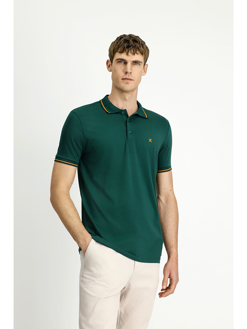 Yeşil Polo Yaka Slim Fit Dar Kesim Nakışlı Süprem Pamuklu Büyük Beden Tişört