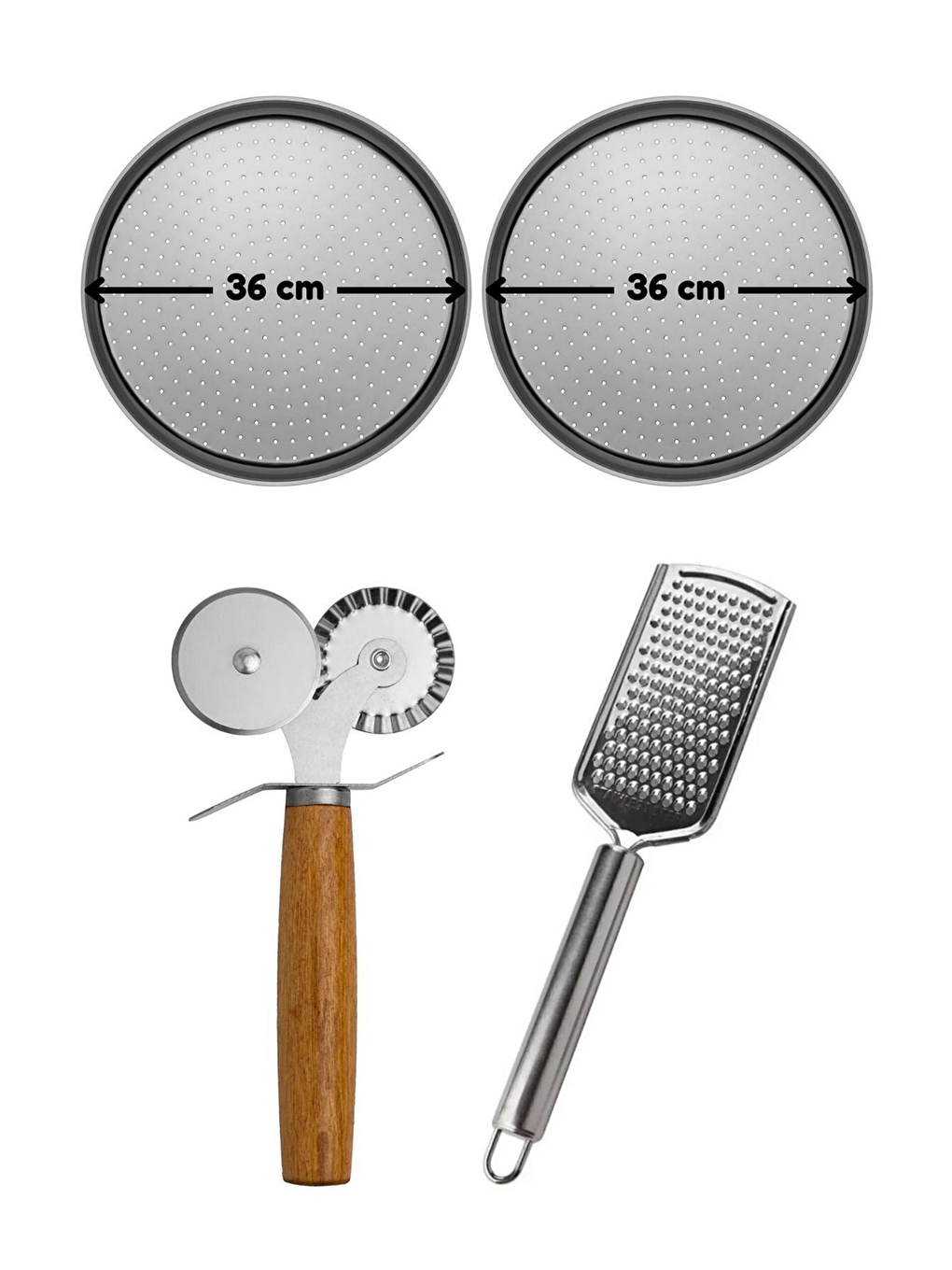Gri Büyük Boy Delikli Pizza Tepsisi 36 cm x 2 Adet Çift Başlı Pizza Ruleti ve Çelik Peynir Rendesi