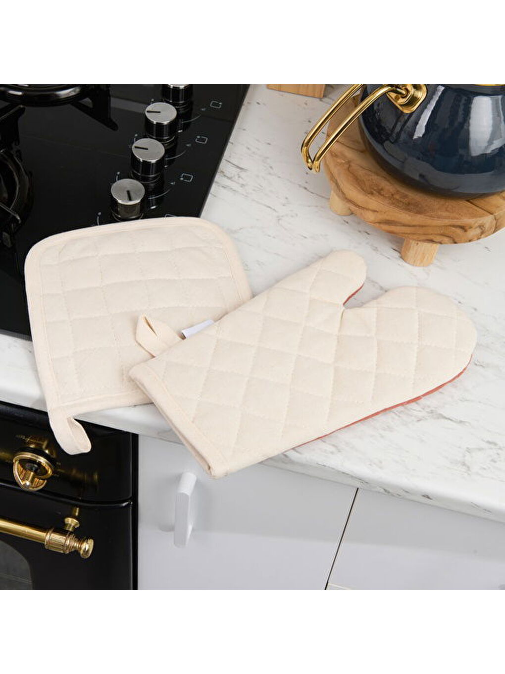 Gri Soft Fırın Eldiven Tutaç Seti - Kiremit / Ekru-3