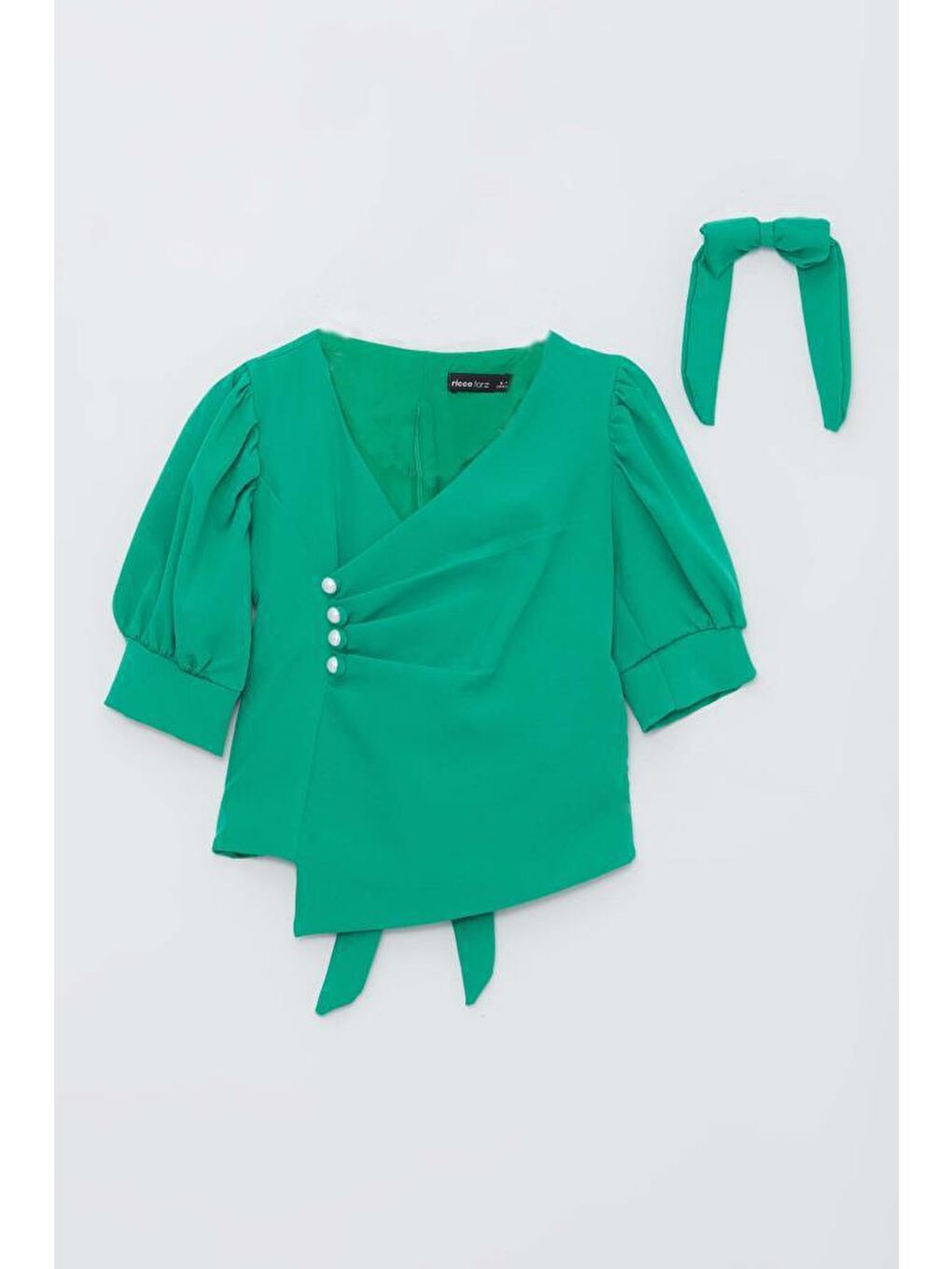 Kız Çocuk Yarım Kollu Belden Bağlamalı ve Düğme Detaylı Çantalı Yeşil Alt Üst Takım-1