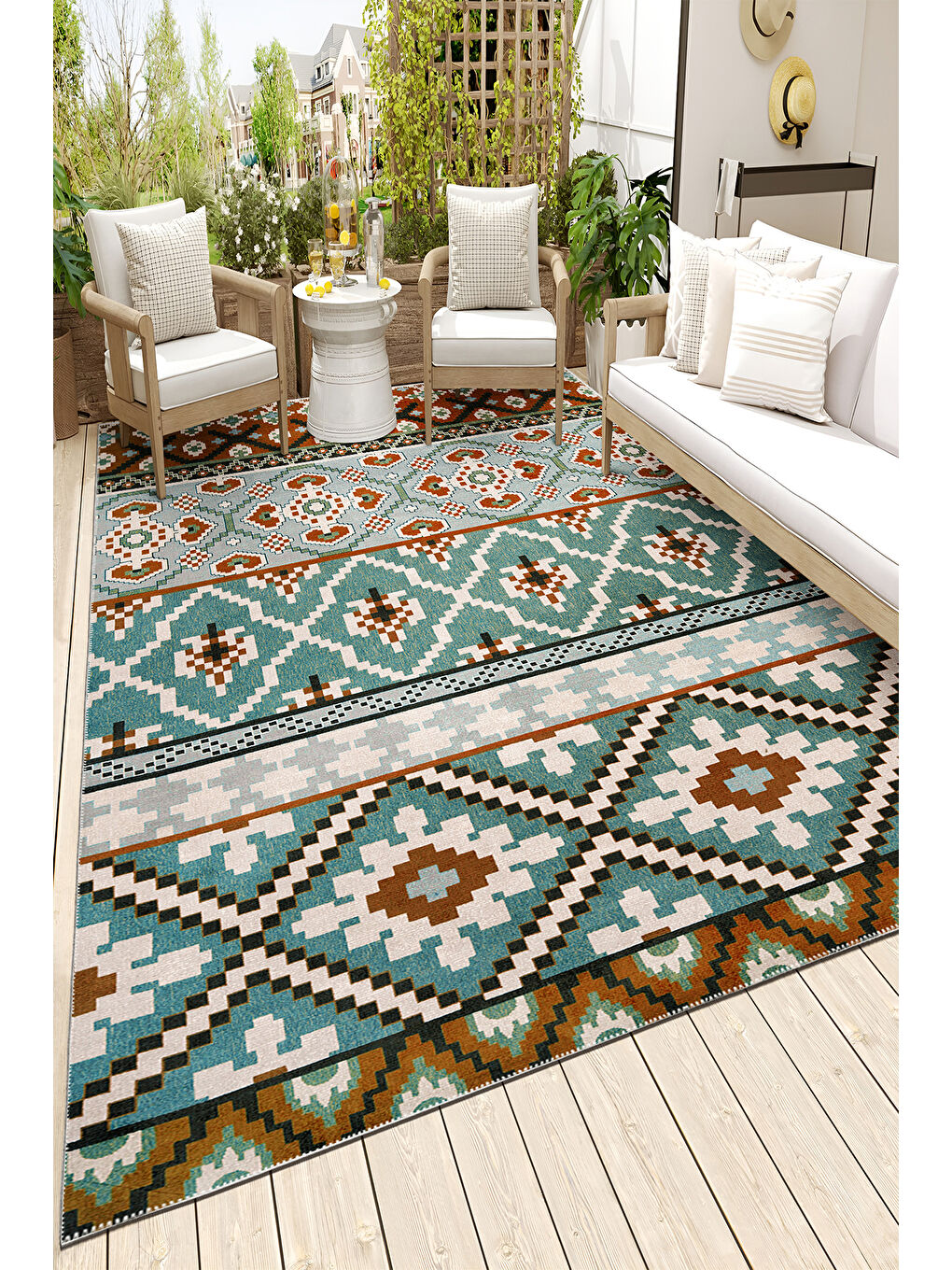 Mavi Dekoratif Salon Halısı, Makinada Yıkanabilir, Kaymaz Taban, İnce & Modern Tasarım-3