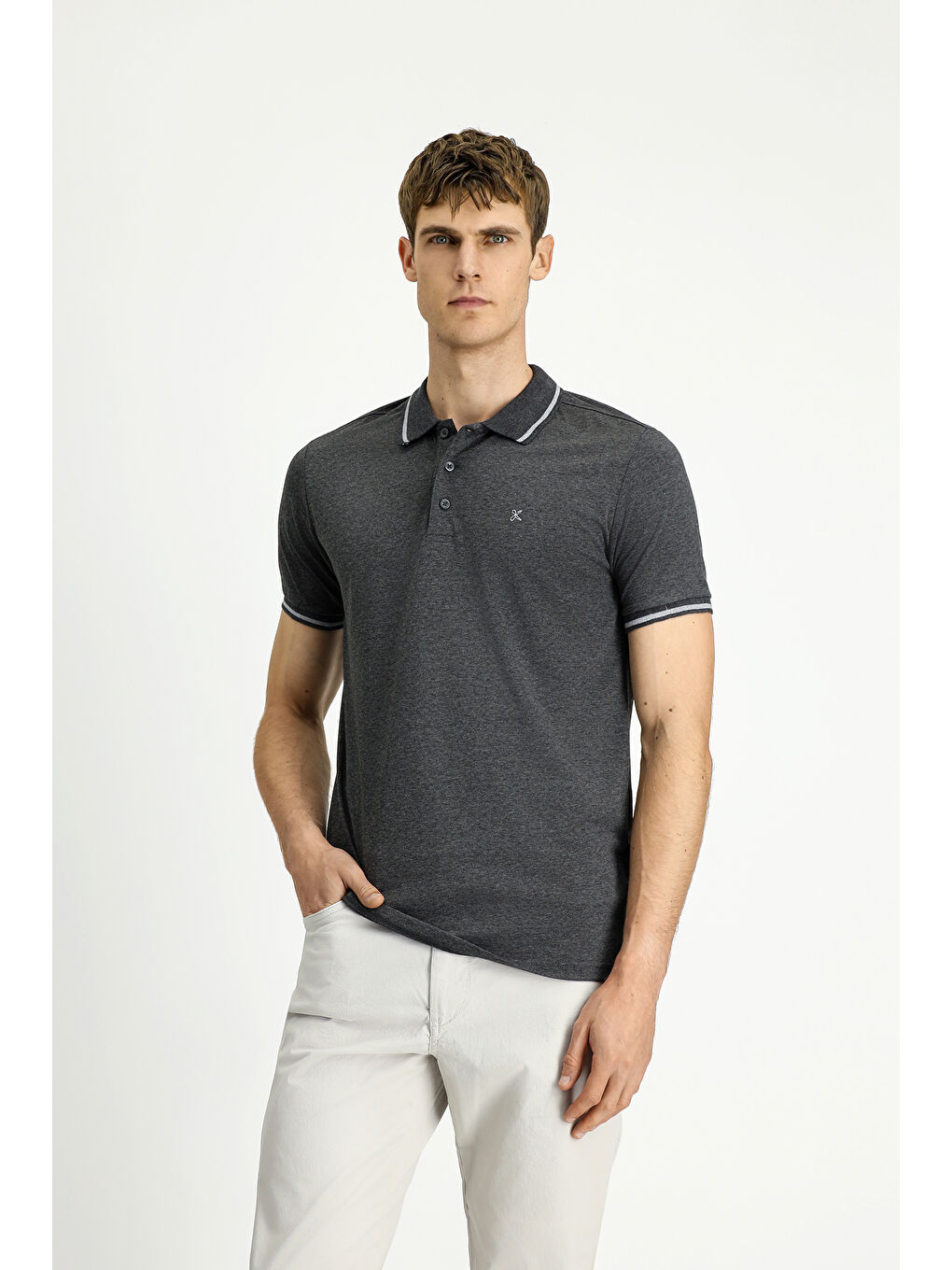 Antrasit Polo Yaka Slim Fit Dar Kesim Nakışlı Süprem Pamuklu Büyük Beden Tişört