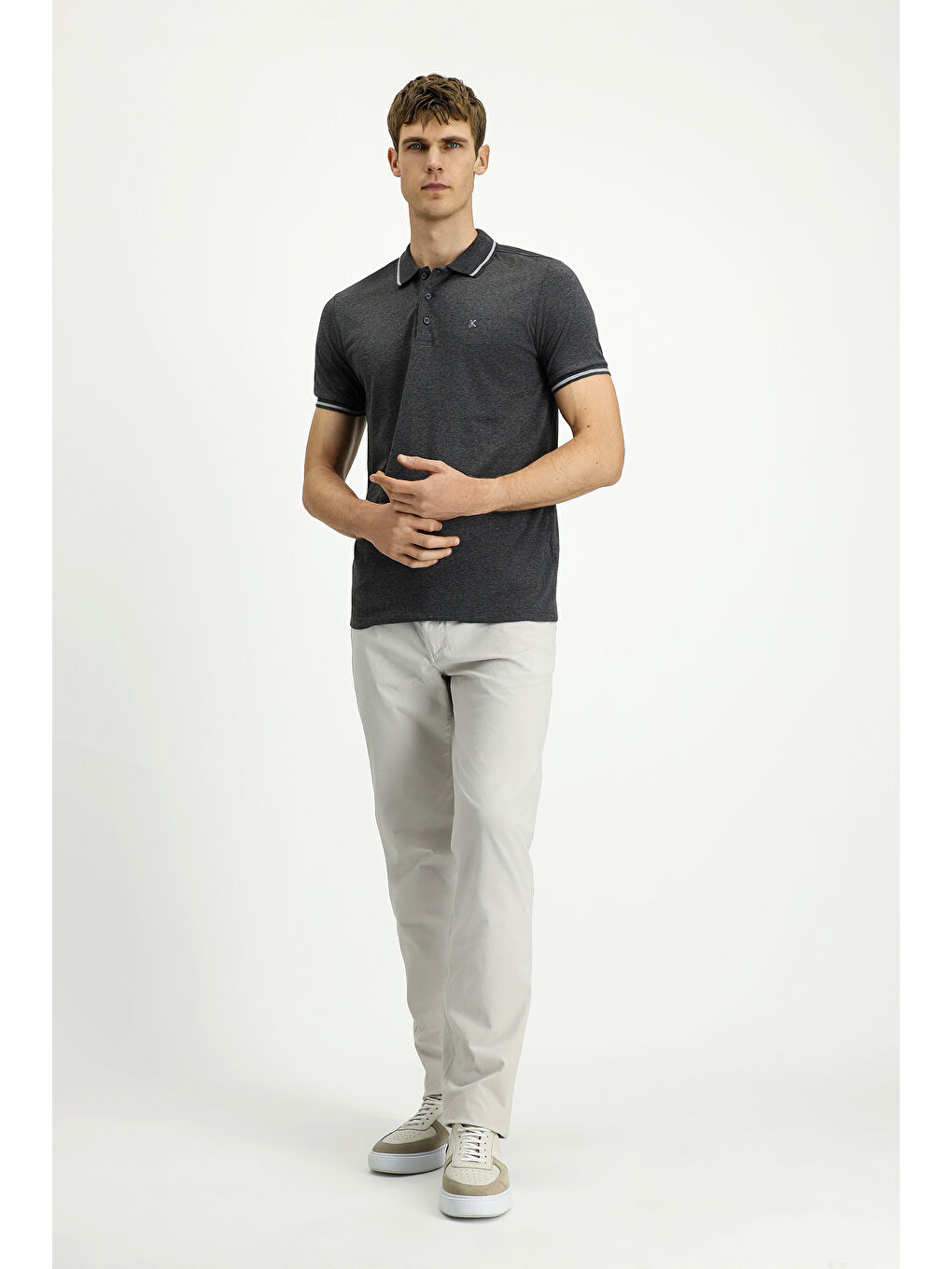 Antrasit Polo Yaka Slim Fit Dar Kesim Nakışlı Süprem Pamuklu Büyük Beden Tişört-1