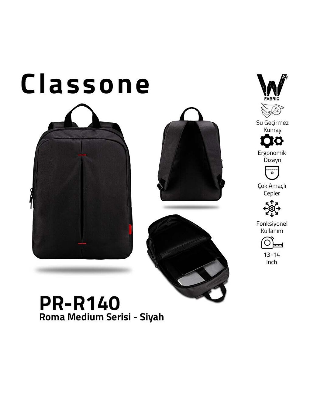 Classone Siyah PR-R140 Roma Serisi Su Geçirmez Kumaş 13-14"Notebook Laptop Sırt Çantası - 7