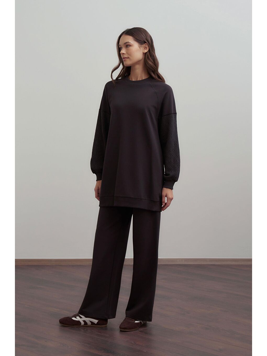 Kahverengi Acı Kahve-Pamuklu Dantel Garnili Eşofman Takımı-1