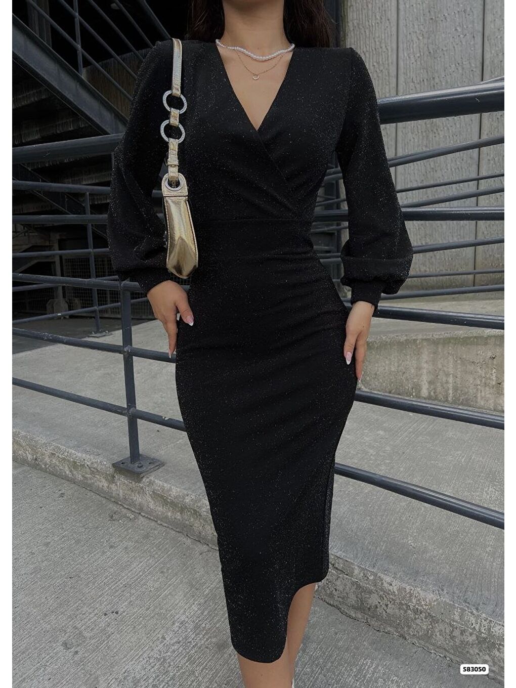 Siyah Kadın Kruvaze Yaka Balon Kol Simli Krep Kumaş Midi Boy Elbise